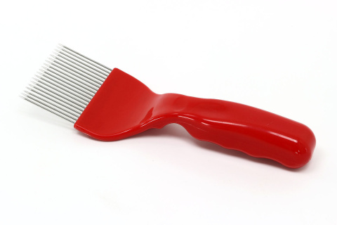 Odsklepiacz widelcowy, rączka plastikowa, czerwony, igły proste nierdzewne